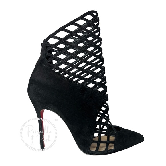 Christian Louboutin Black Suede Pointed Toe Ankle Boots Cutout Stiletto Heel 37 - Picture 4 of 16